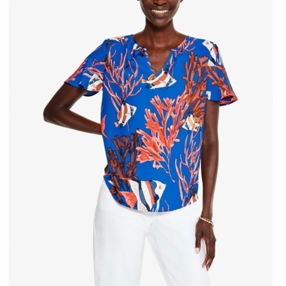 Nic + Zoe Angel Fish Reef Print Flutter Sleeve Top Blue NWT - Picture 2 of 13